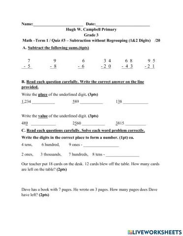 Subtraction mixed skill Quiz