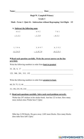 Subtraction mixed skills 3&4 digit quiz