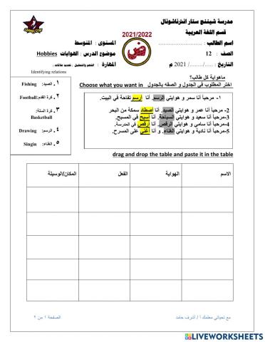 ورقة عمل درس الهوايات