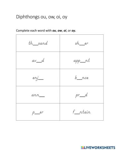 Diphthongs ou, ow, oi, oy