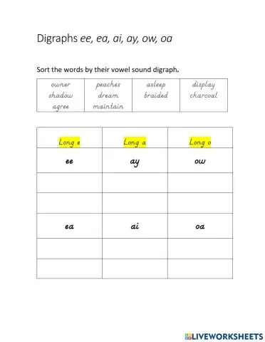 Digraphs ee, ea, ai, ay, ow, oa