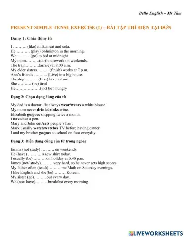 PRESENT SIMPLE TENSE EXERCISE (1)- grade 5