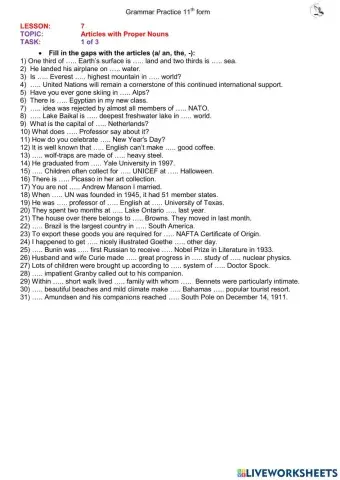 Articles with Proper Names (11th form) ex.1