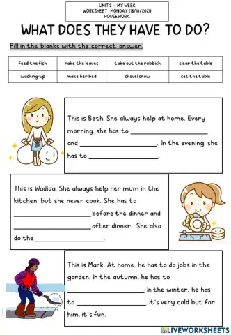 Housework year 4 unit 2 my week