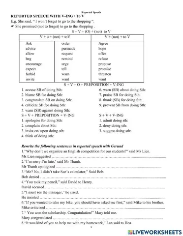 Reported speech with V-ing and Infinitive