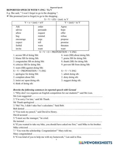 Reported speech with V-ing and Infinitive