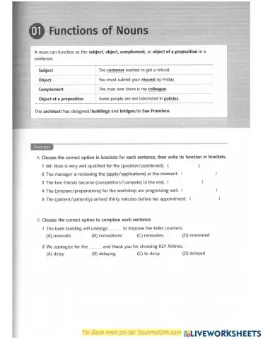 Functions and positions of nouns