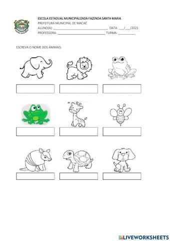 Escreva os nomes do animais