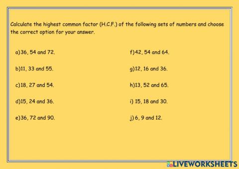 H.C.F. Worksheet