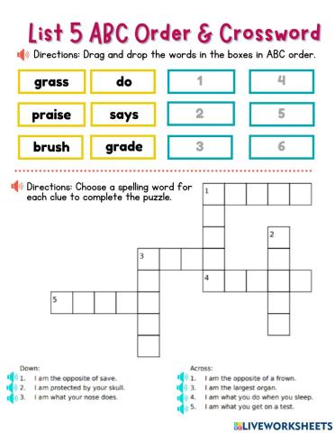 List 5 ABC Order & Crossword