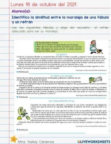 Identifico la similitud entre la moraleja de una fábula y un refrán