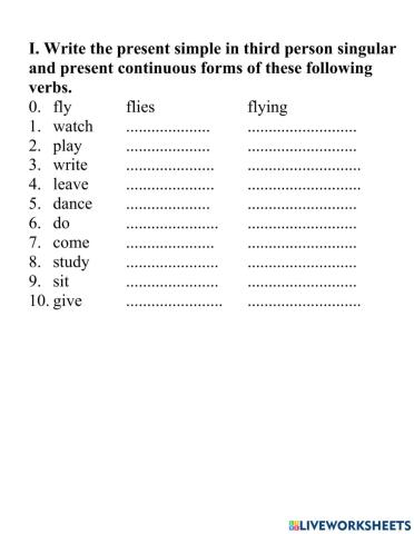 Write the present simple in third person singular  and present continuous forms of these following  verbs