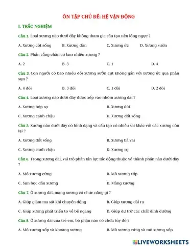 Sinh 8 - ôn tập chủ đề vận động