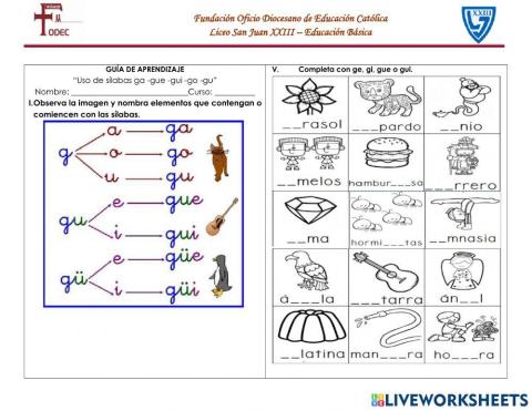 Guía uso de sílabas ga -gue -gui -go -gu