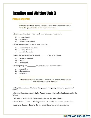 Parallel Structure Unit 3 Reading and Writing