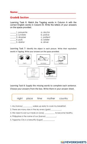 English to tagalog words