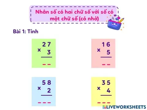 Toán - Nhân số có hai chữ số cho số có một chữ số (có nhớ)