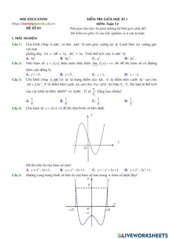 Toán 12 - Kiểm tra giữa kì 1 - Đề số 03