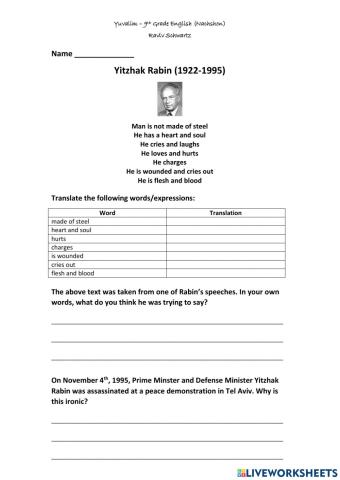 Yitzhak Rabin Worksheet