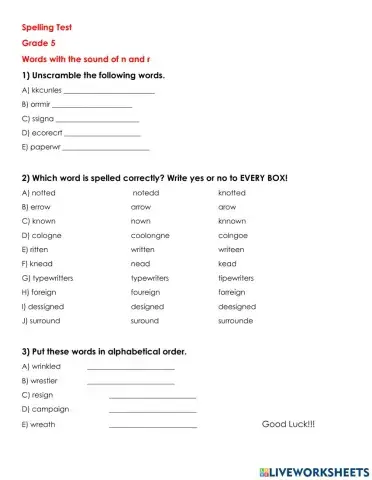 Spelling Test Sound of R and N