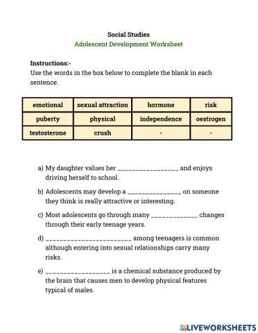 Adolescent Development Worksheet 1