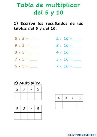 Tabla de 5 y 10. Multiplicación directa por 5