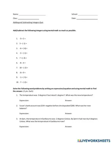 Adding and Subtracting Integers