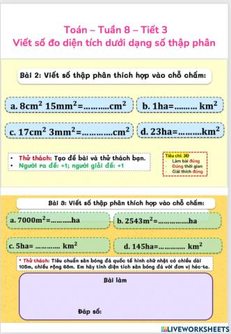 Viết số đo diện tích dưới dạng số thập phân