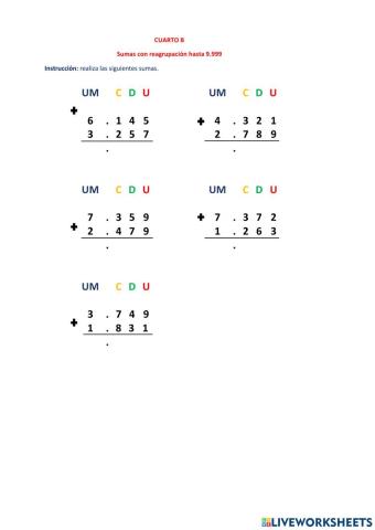 Sumas con reagrupación hasta 9.999