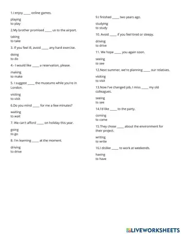 Verbs followed by '-ing' or by 'to' + infinitive 1