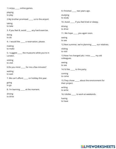 Verbs followed by '-ing' or by 'to' + infinitive 1