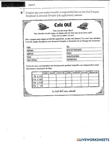 Café Olé un formulaire de travail