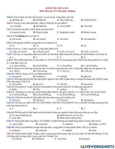 KIỂM TRA CHƯƠNG 1,2- hóa 12