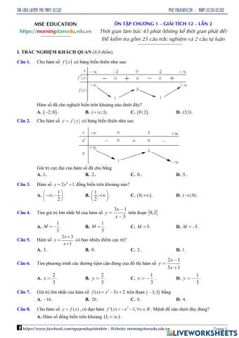 Giải tích 12 - Đề Ôn tập Chương 1 - Lần 2