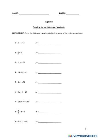 Solving for an Unknown - Level 1