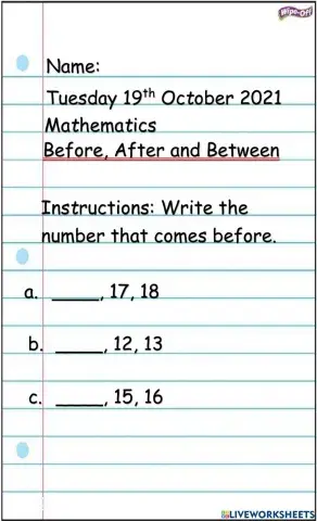 Before, After and Between to 20