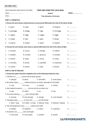 Grade 8 - First Mid-term Test