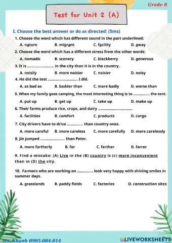 Test for U2 (A) - Grade 8