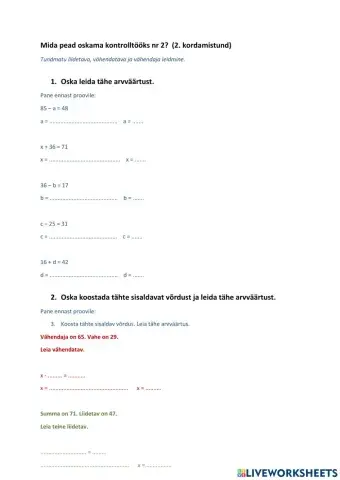 Kordamine. Tundmatu liidetava, vähendatava ja vähendaja leidmine 3. klass