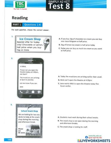 Simply KET Test 8 Reading