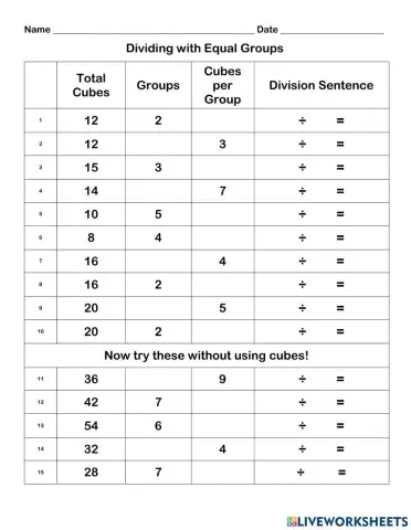 Division using cubes with equal groups