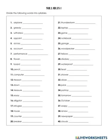 Syllables Worksheet 1