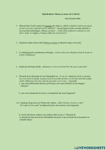 Fișă de lucru- Moara cu noroc- Ioan Slavici
