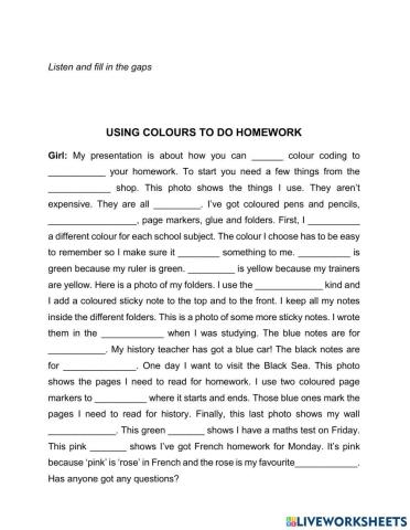Listening skills practice: Using colours to do homework