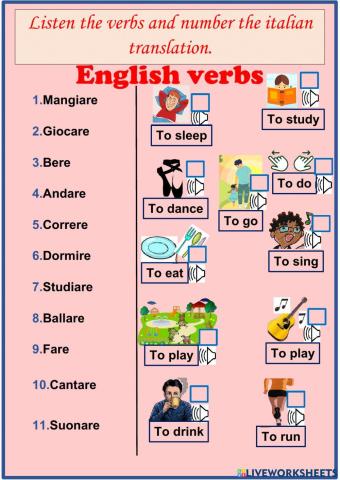 Listen the verbs and number the italian translation