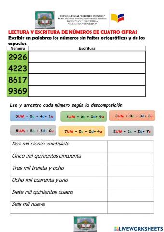 Lectura y escritura de números cuatro cifras