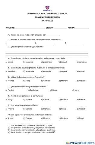 Examen Naturales 1er periodo