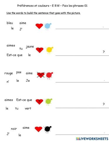 Préférences et couleurs - E RW - Fais les phrases 01
