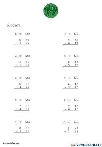 Subtracting Hours and Minutes without Regrouping