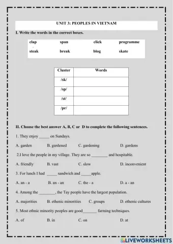 E8 Unit 3: Peoples of Viet Nam Test 2